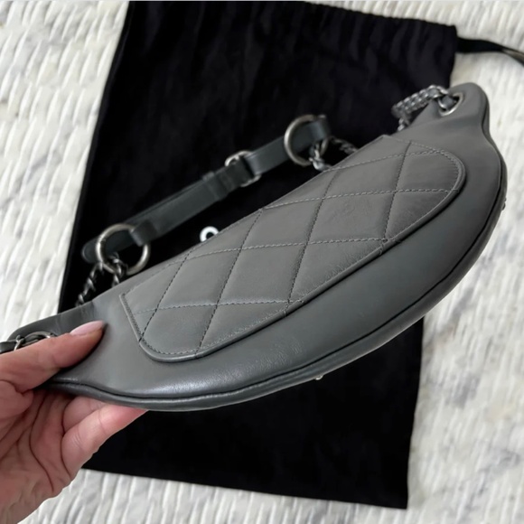 Authentic Chanel Grey Calfskin Leather Three-tone Metal Chain Signs Waist Bag - Picture 8 of 12